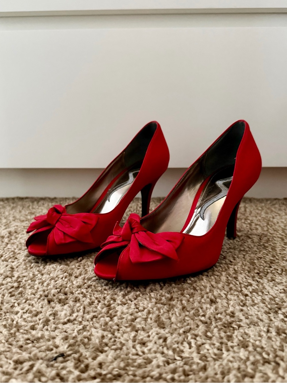 Nina Red Satin Peep-Toe Heels with Decorative Bow